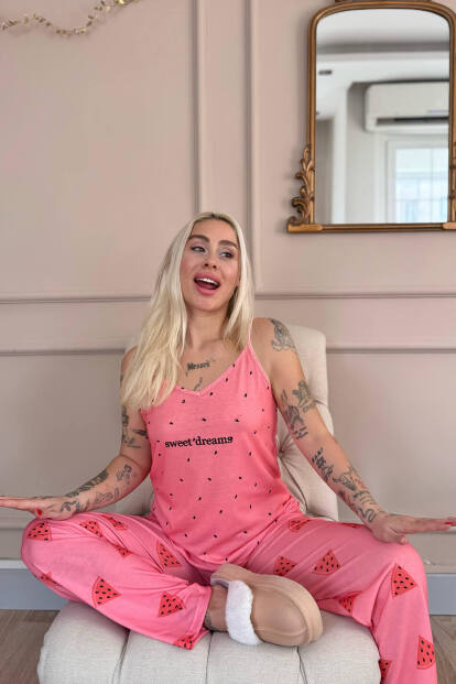 Pudra Sweet Dreams Baskılı Ip Askılı Örme Kadın Pijama Takımı - Pijamaevi (1)