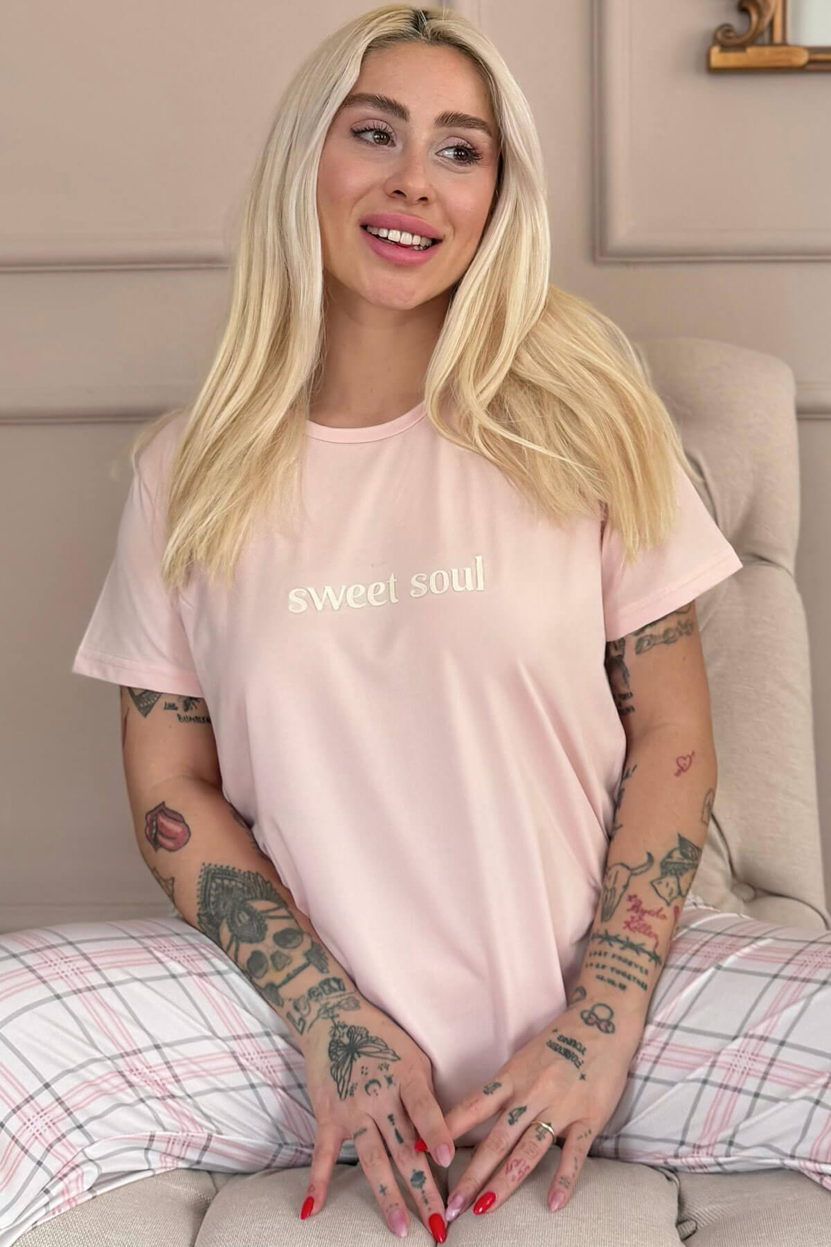 Pudra Sweet Soul Ekose Desenli Kısa Kollu Kadın Pijama Takımı