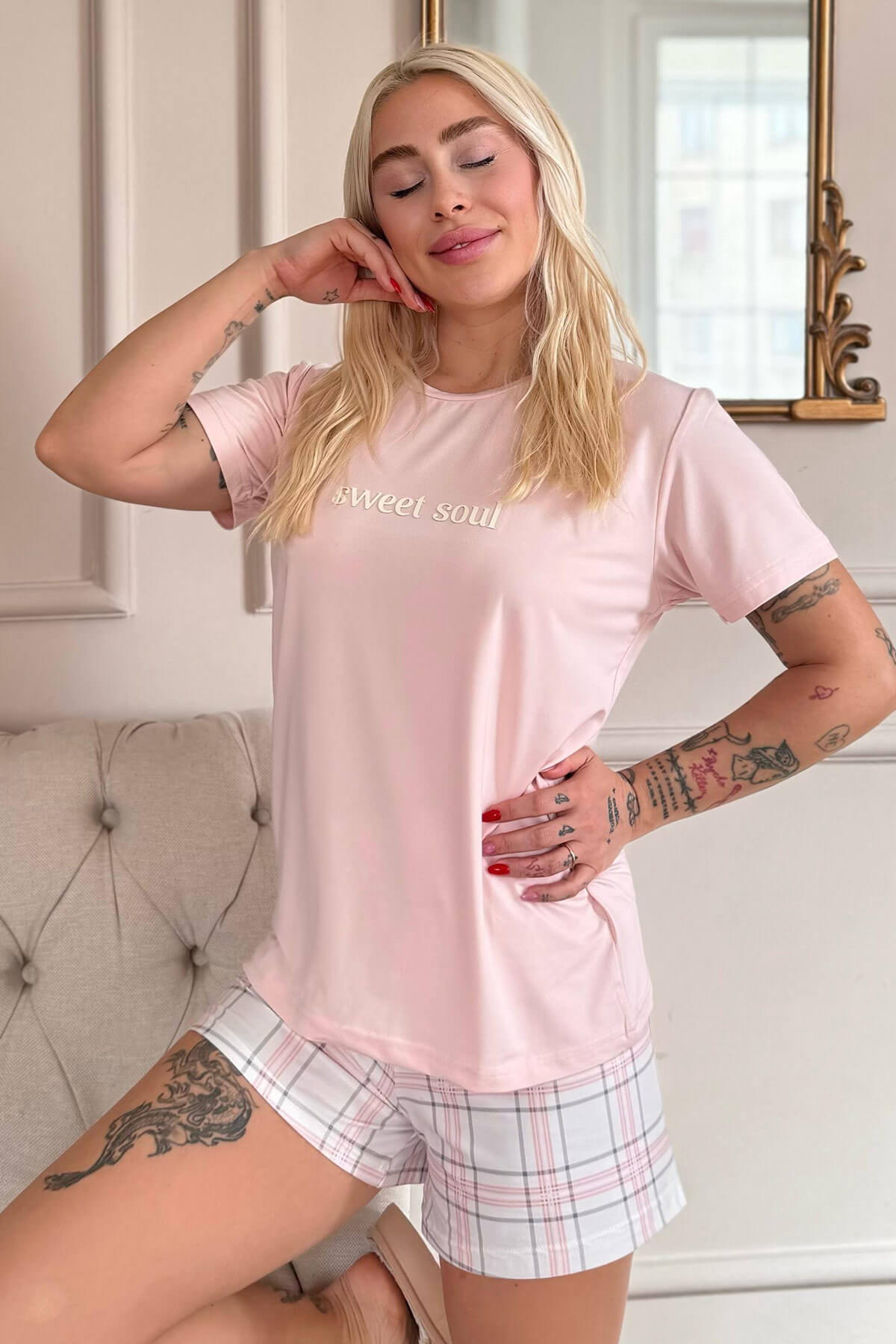 Pudra Sweet Soul Ekose Desenli Kısa Kollu Şortlu Örme Kadın Pijama Takımı