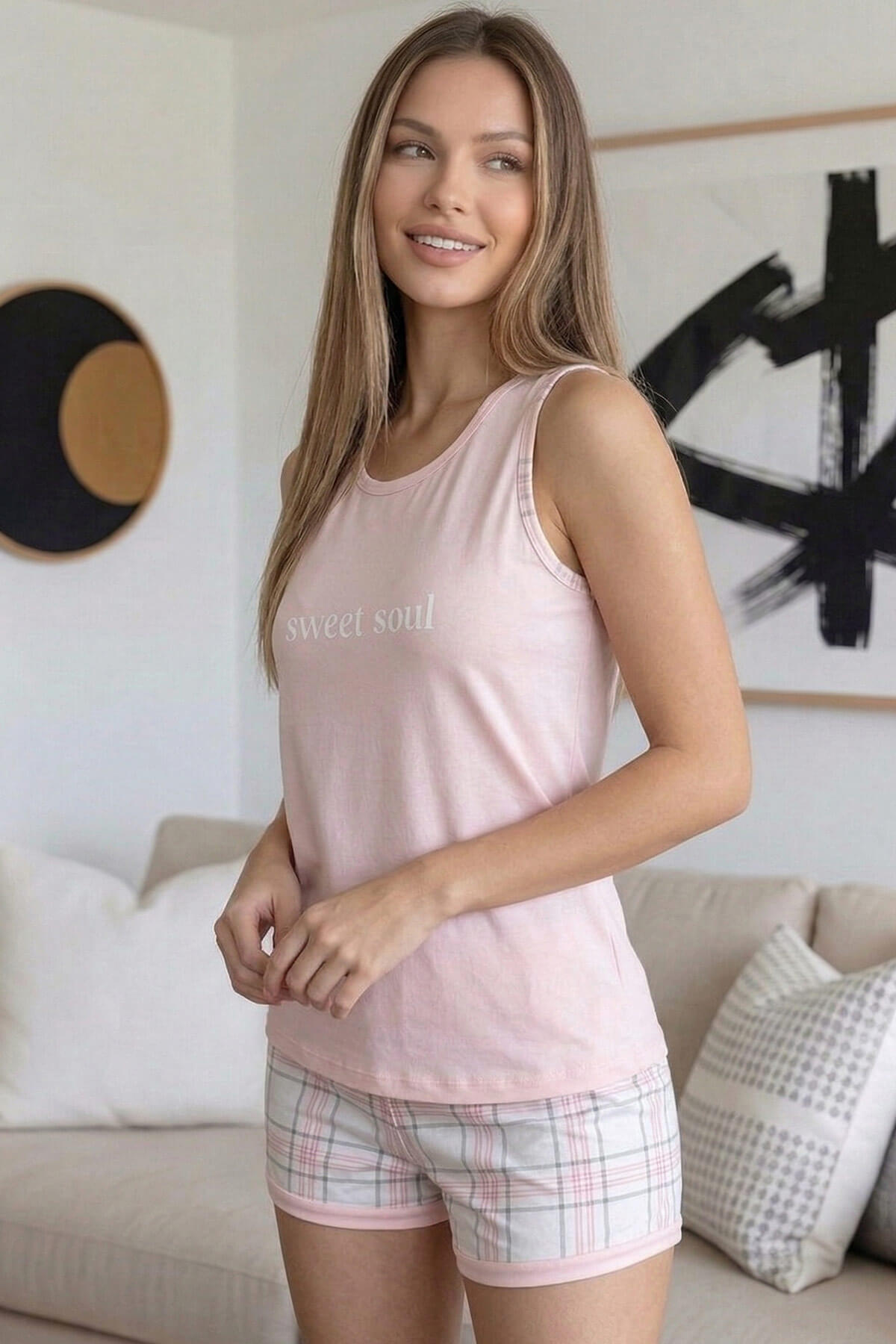 Pudra Sweet Soul Ekose Desenli Sıfır Kol Şortlu Örme Kadın Pijama Takımı