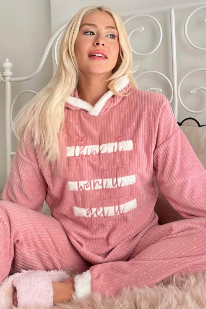 Pudra Three Line Desenli Kapşonlu Peluş Polar Pijama Takımı - Pijamaevi