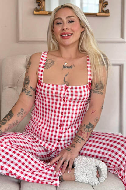 Rouge Gingham Desenli Bambu Önden Düğmeli Kalın Askılı Pijama Takımı - Pijamaevi