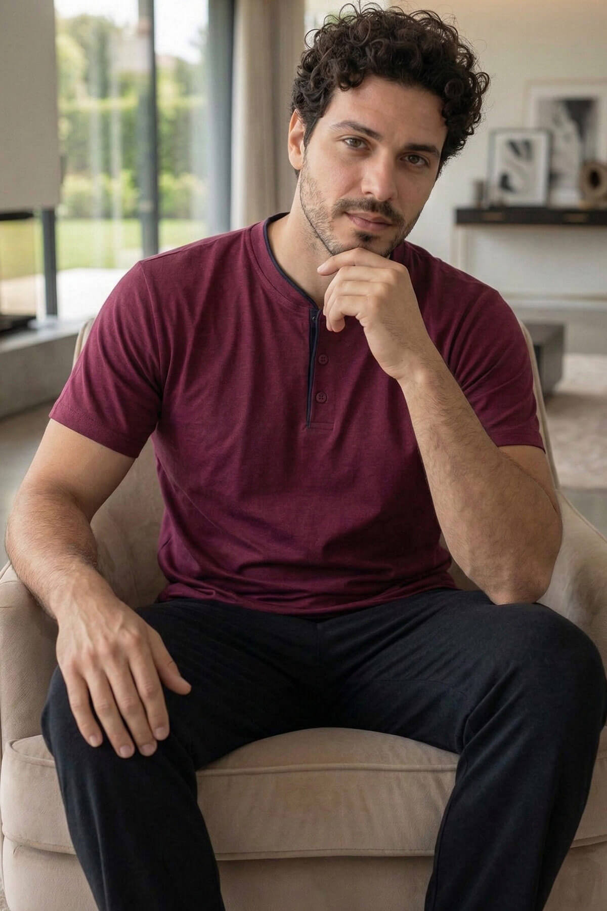 Royal Bordeaux Kısa Kollu Pat Detaylı Elegant Erkek Pijama Takımı