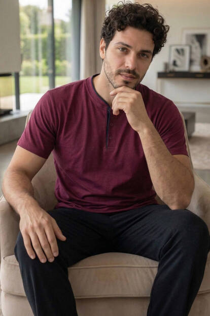 Royal Bordeaux Kısa Kollu Pat Detaylı Elegant Erkek Pijama Takımı - Pijamaevi
