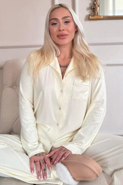 Sarı Dublin Önden Düğmeli Uzun Kollu Kadın Pijama Takımı - Pijamaevi