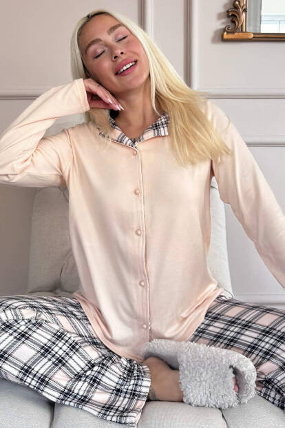 Sarı Ekose Desenli Termal Önden Düğmeli Kadın Pijama Takımı - Pijamaevi