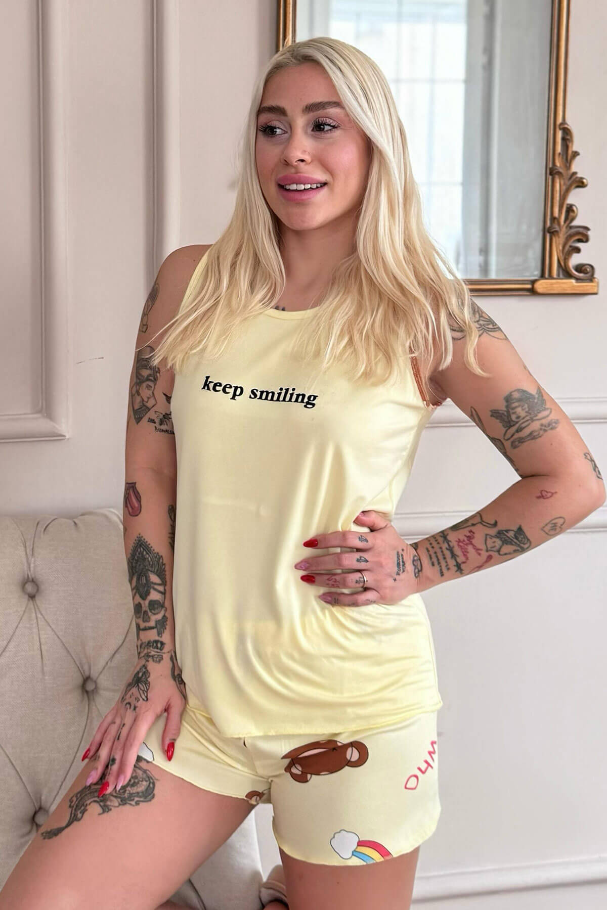 Sarı Keep Smiling Desenli Bambu Sıfır Kol Şortlu Kadın Pijama Takımı