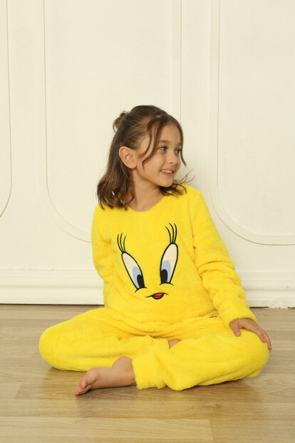 Sarı Kuş Desenli Tam Peluş Kız Çocuk Pijama Takımı - Pijamaevi (1)