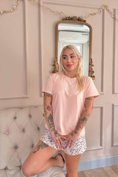 Şeftali Good Times Desenli Kısa Kollu Şortlu Örme Kadın Pijama Takımı - Pijamaevi (1)