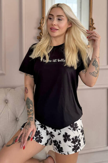 Siyah Belle Desenli Kısa Kollu Şortlu Örme Kadın Pijama Takımı - Pijamaevi