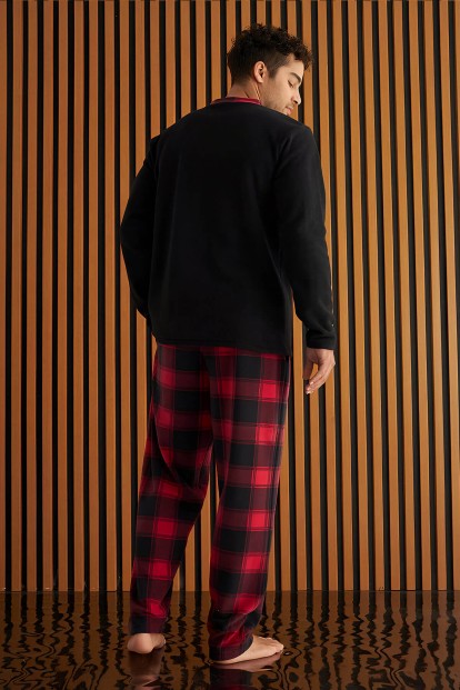 Siyah Bordo Ekose Desenli Polar Erkek Pijama Takımı - Pijamaevi (1)