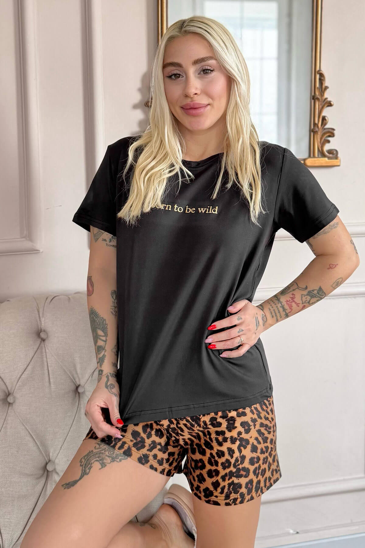 Siyah Born to Be Wild Leopar Desenli Kısa Kollu Şortlu Örme Kadın Pijama Takımı