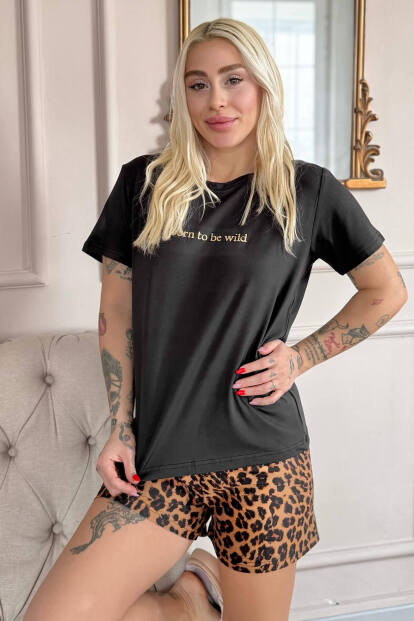 Siyah Born to Be Wild Leopar Desenli Kısa Kollu Şortlu Örme Kadın Pijama Takımı - Pijamaevi
