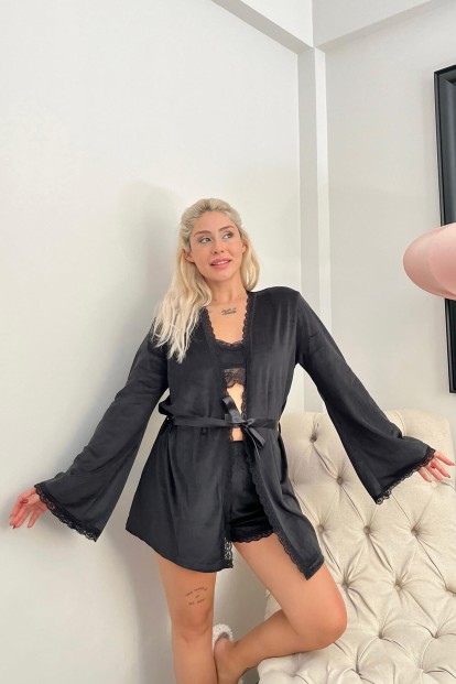 Siyah Bralet Exclusive Kadife Sabahlıklı Kadın Pijama Takımı  - Pijamaevi (1)