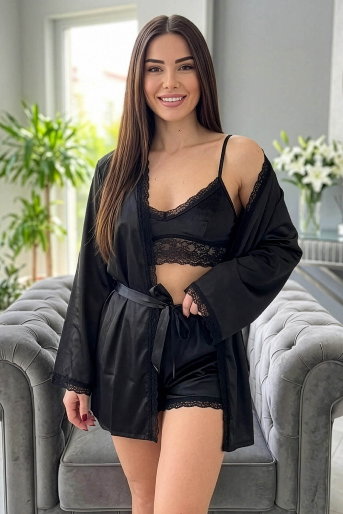 Siyah Bralet Exclusive Kadife Sabahlıklı Kadın Pijama Takımı 