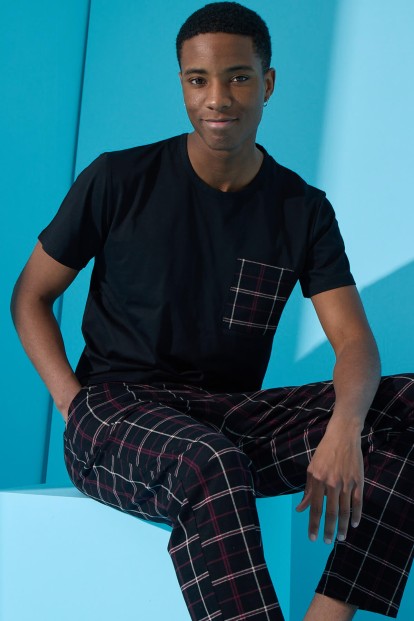 Siyah Çift Çizgi Ekose Desenli Kısa Kollu Erkek Pijama Takımı - Pijamaevi