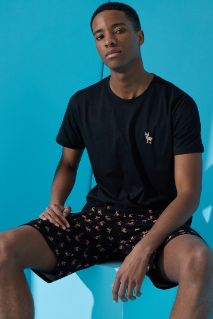 Siyah Deer Baskılı Şortlu Erkek Pijama Takımı - Pijamaevi