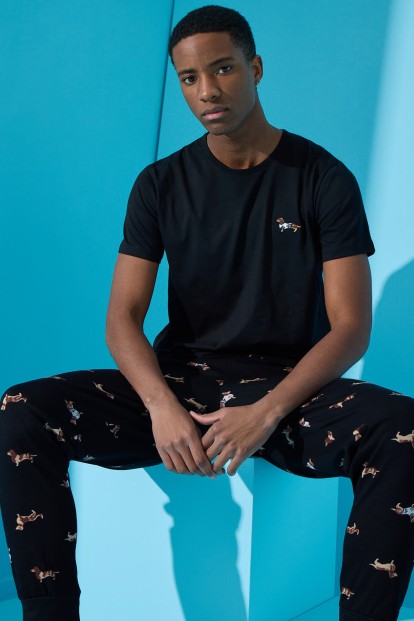 Siyah Dogg Baskılı Kısa Kollu Erkek Pijama Takımı - Pijamaevi