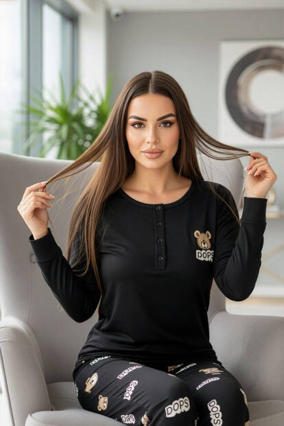 Siyah Dops Desenli Uzun Kollu Bambu Örme Kadın Pijama Takımı - Pijamaevi (1)