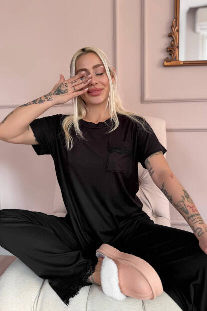 Siyah Dublin Kısa Kollu Dantelli Kadın Pijama Takımı - Pijamaevi (1)