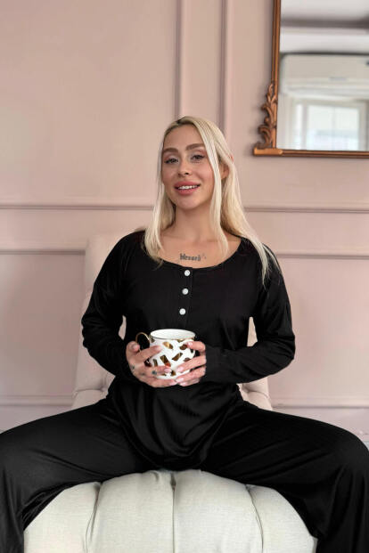 Siyah Dublin Uzun Kollu Patlı Kadın Pijama Takımı - Pijamaevi (1)