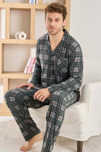 Siyah Ekose Desenli Önden Düğmeli Elegant Erkek Pijama Takımı - Pijamaevi