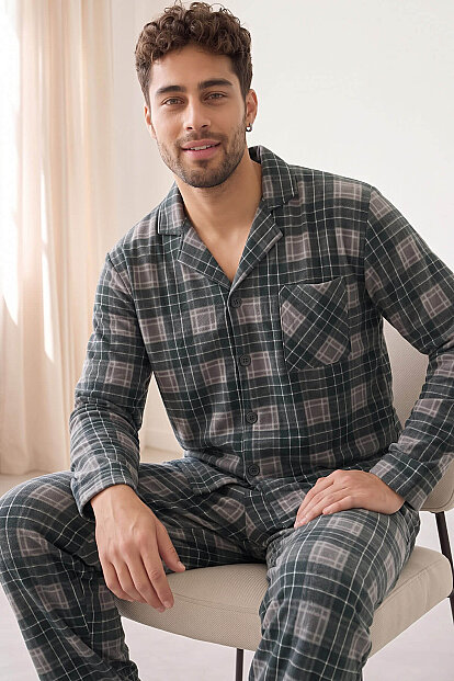 Siyah Ekose Desenli Önden Düğmeli Elegant Erkek Pijama Takımı - Pijamaevi
