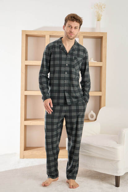 Siyah Ekru Ekose Desenli Önden Düğmeli Elegant Erkek Pijama Takımı - Pijamaevi (1)