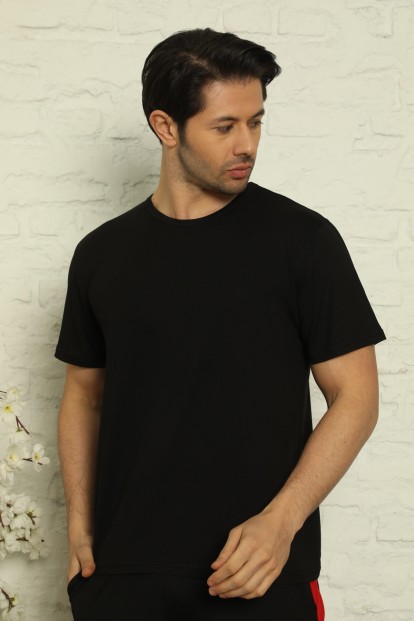 Siyah Erkek Basic Slim Fit Bisiklet Yaka Kısa Kollu Pijama Üstü - Pijamaevi (1)