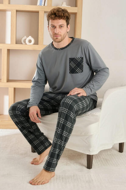 Siyah Gri Ekose Desenli Elegant Erkek Pijama Takımı - Pijamaevi