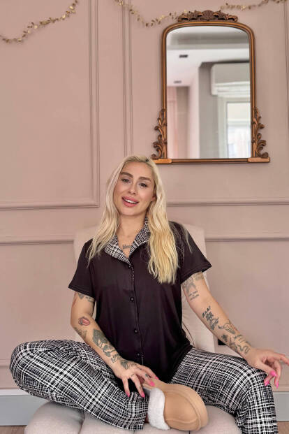 Siyah Grid Exclusive Önden Düğmeli Kadın Pijama Takımı - Pijamaevi (1)