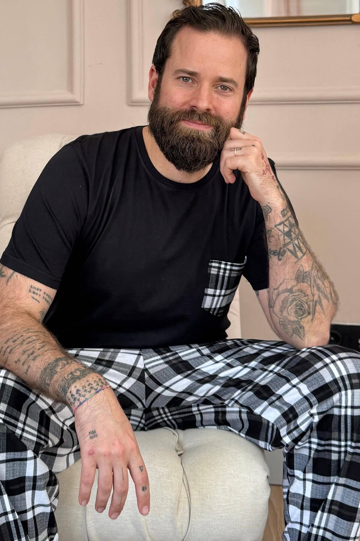 Siyah Haki Ekose Cep Detay Kısa Kollu Erkek Pijama Takımı