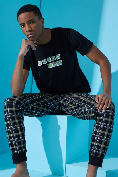 Siyah Hello Summer Baskılı Kısa Kollu Erkek Pijama Takımı - Pijamaevi