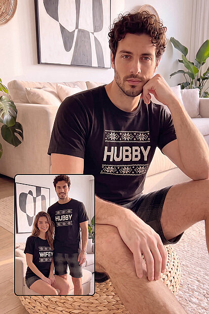 Siyah Hubby Şortlu Sevgili Aile Pijaması - Erkek Takımı - Pijamaevi