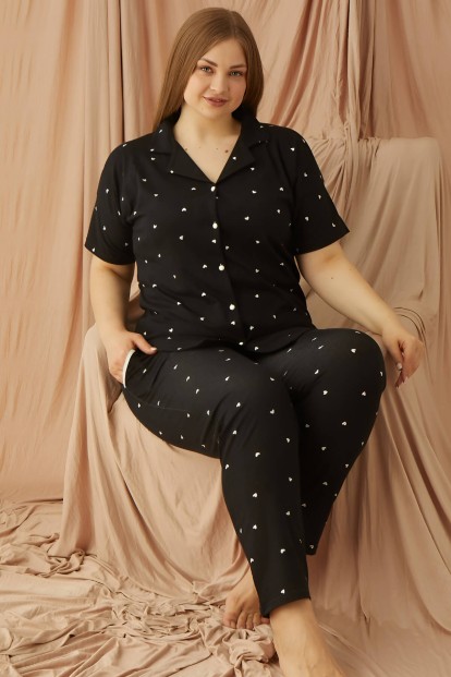 Siyah Kalp Desenli Önden Düğmeli Büyük Beden Battal Pijama - Pijamaevi