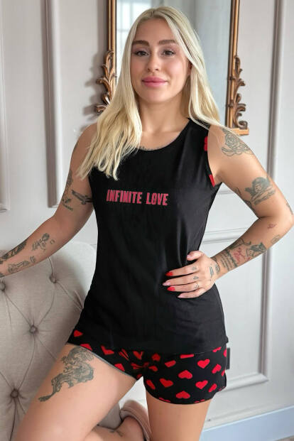 Siyah Kırmızı Infinite Love Desenli Bambu Sıfır Kol Şortlu Kadın Pijama Takımı - Pijamaevi