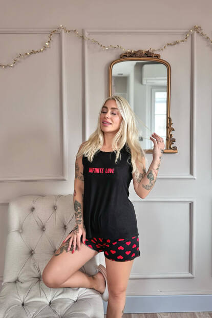 Siyah Kırmızı Infinite Love Desenli Bambu Sıfır Kol Şortlu Kadın Pijama Takımı - Pijamaevi (1)