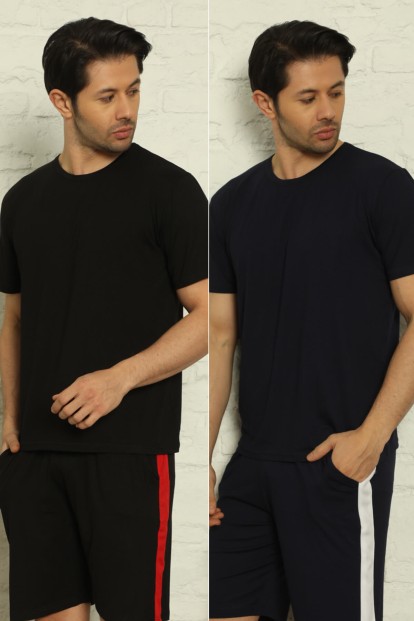 Siyah-Lacivert Erkek Basic Slim Fit 2'li Paket Pijama Üstü - Pijamaevi