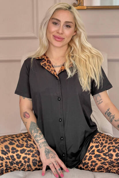 Siyah Leopard Luxe Exclusive Önden Düğmeli Kadın Pijama Takımı - Pijamaevi