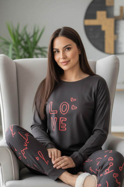 Siyah Love Desenli Termal Kadın Pijama Takımı - Pijamaevi (1)