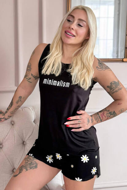 Siyah Minimalism Desenli Bambu Sıfır Kol Şortlu Kadın Pijama Takımı - Pijamaevi