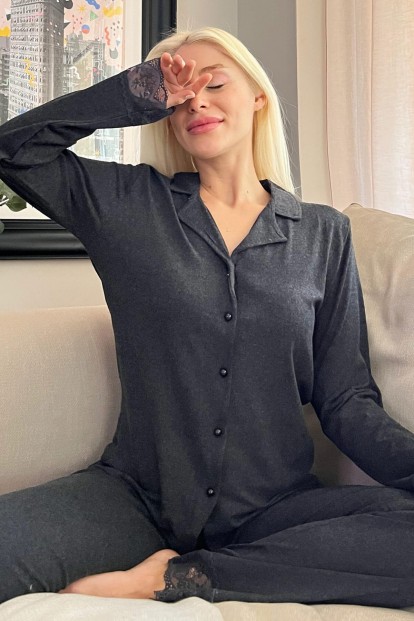 Siyah Önden Düğmeli Bambu Uzun Kol Pijama Takımı - Pijamaevi