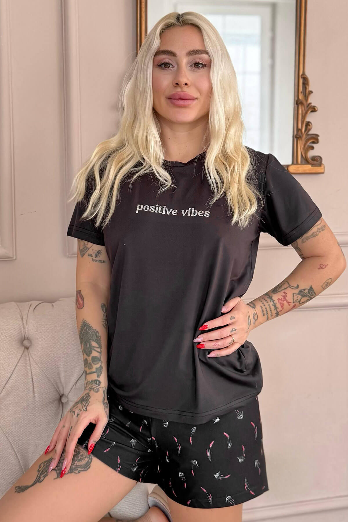 Siyah Positive Vibes Desenli Kısa Kollu Şortlu Örme Kadın Pijama Takımı