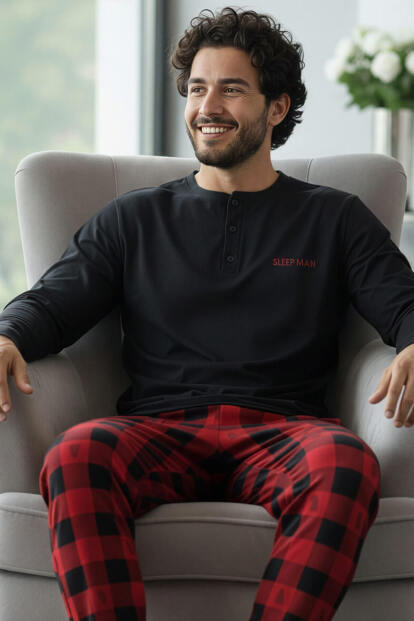 Siyah Sleep Man Desenli Stylish Erkek Uzun Kol Pijama Takımı - Pijamaevi