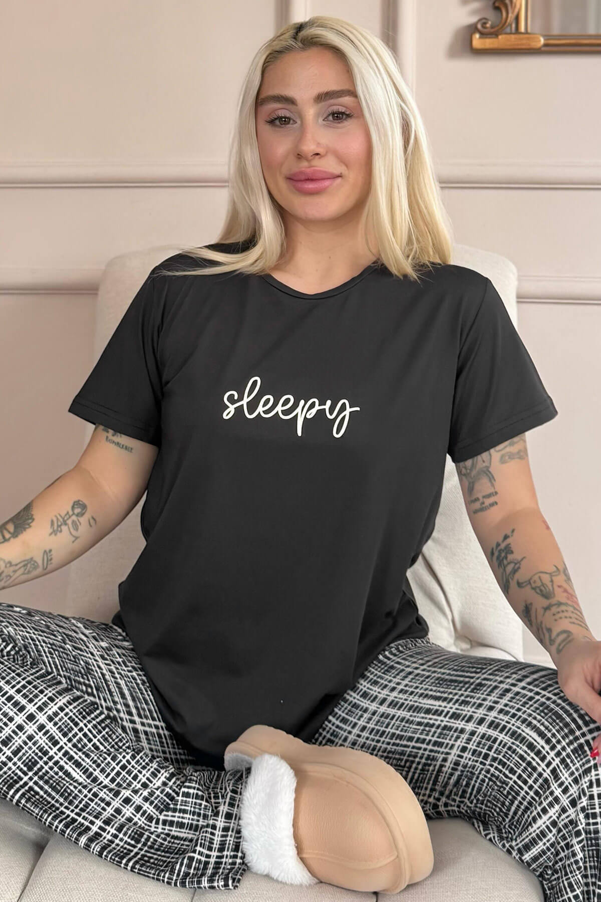 Siyah Sleepy Desenli Kısa Kollu Kadın Pijama Takımı