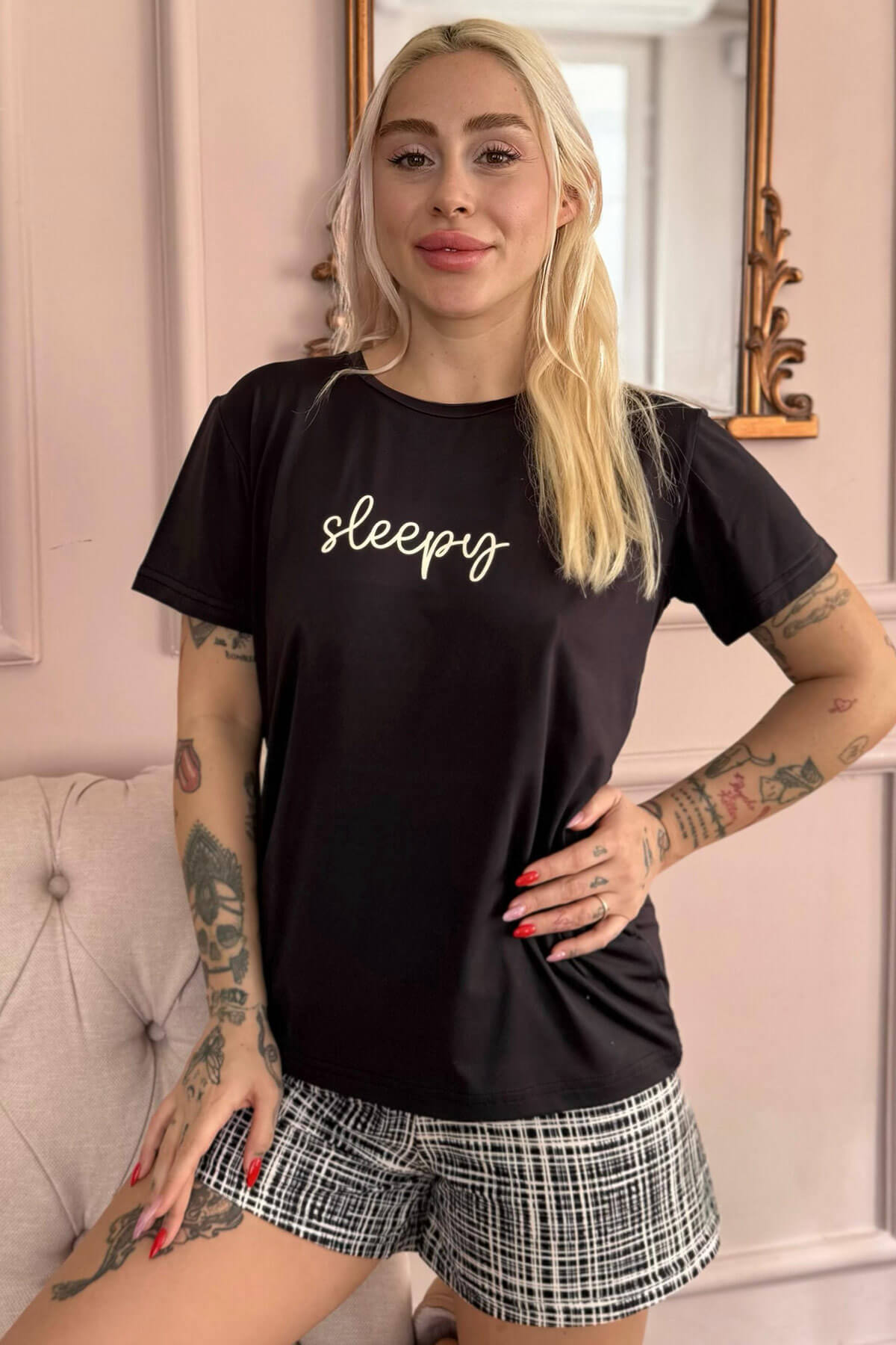 Siyah Sleepy Desenli Kısa Kollu Şortlu Örme Kadın Pijama Takımı