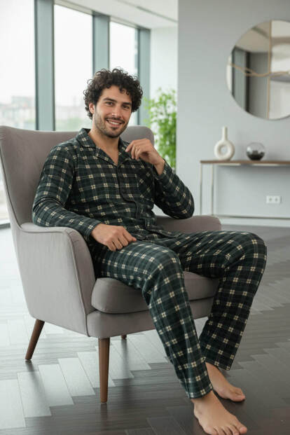 Siyah Somon Ekose Desenli Önden Düğmeli Elegant Erkek Pijama Takımı - Pijamaevi (1)