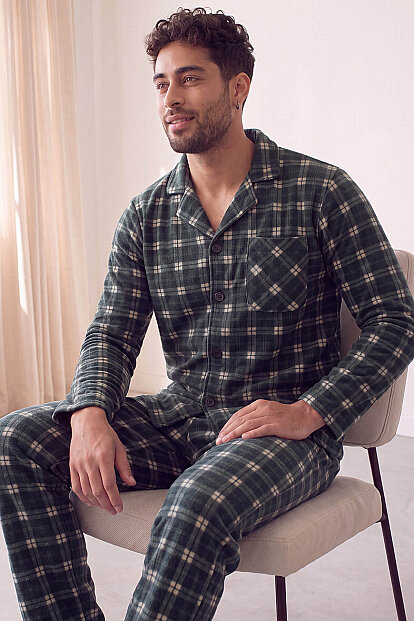 Siyah Somon Ekose Desenli Önden Düğmeli Elegant Erkek Pijama Takımı - Pijamaevi