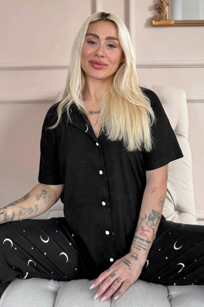 Siyah Starry Night Desenli Bambu Önden Düğmeli Kısa Kol Pijama Takımı - Pijamaevi