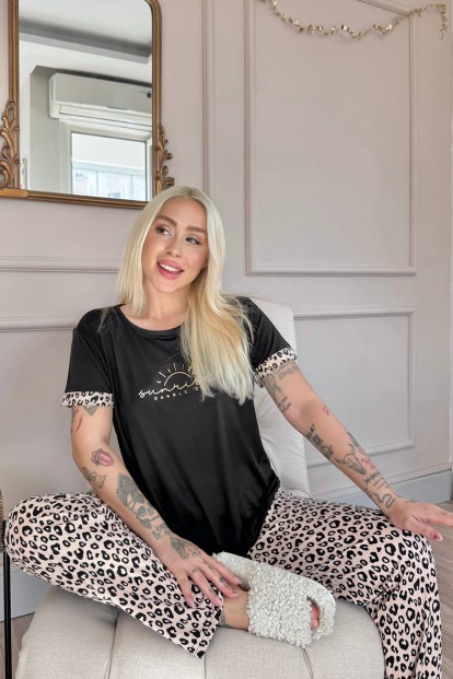 Siyah Sunshine Desenli Bambu Kısa Kol Kadın Pijama Takımı - Pijamaevi (1)